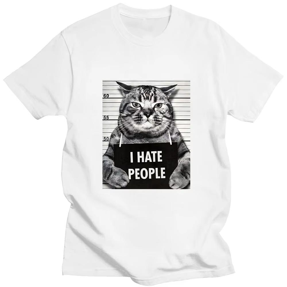 I Hate People Meow Print Men T-shirts Fun Cat Print T Shirts Loose Street Short Sleeve Female/Male Cotton Clothing Casual Tshirt