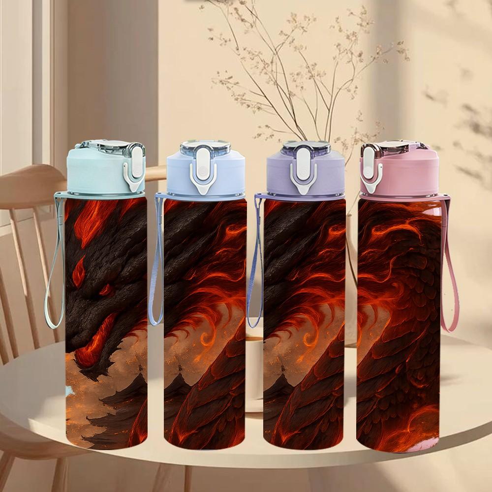1PC Red Black Fire Dragon Creature Print 750ml Color Plastic Sports Water Bottle Leakproof Flip Straw Lid Suitable for Sports Office Home Use