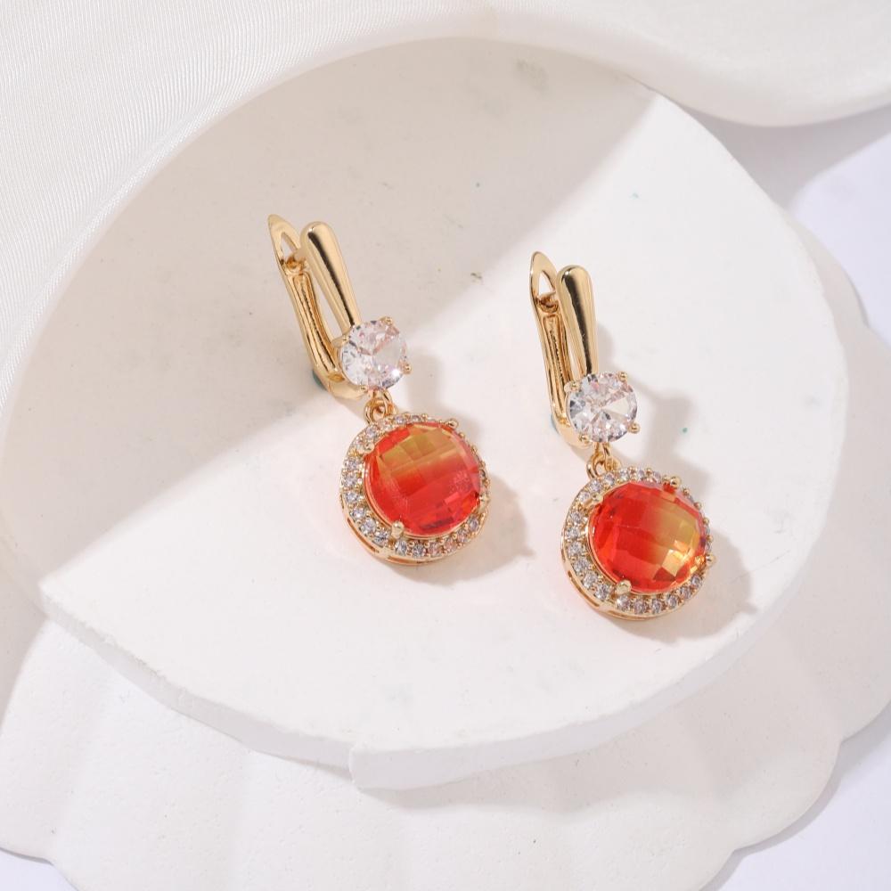 3pcs/set Luxurious  Colorful Cubic Zirconia Round Dangle Earrings Jewelry Sets for Women Wedding Daily Accessories with Stainless Steel Necklace