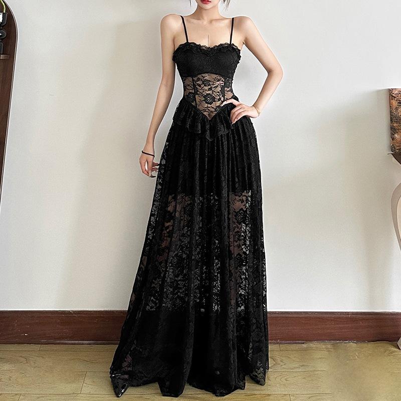 2026 European and American Summer New Sleeveless Slim Lace Lace Waist Pure Desire Sexy Fashion Long Dress Women's Clothing