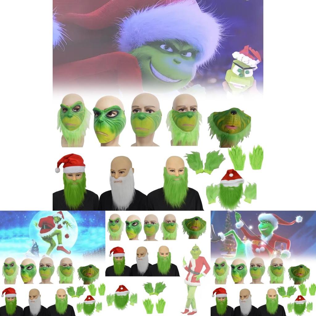 Grinch Half Face Mask With Green Hair And Whimsical Design For Christmas Celebrations