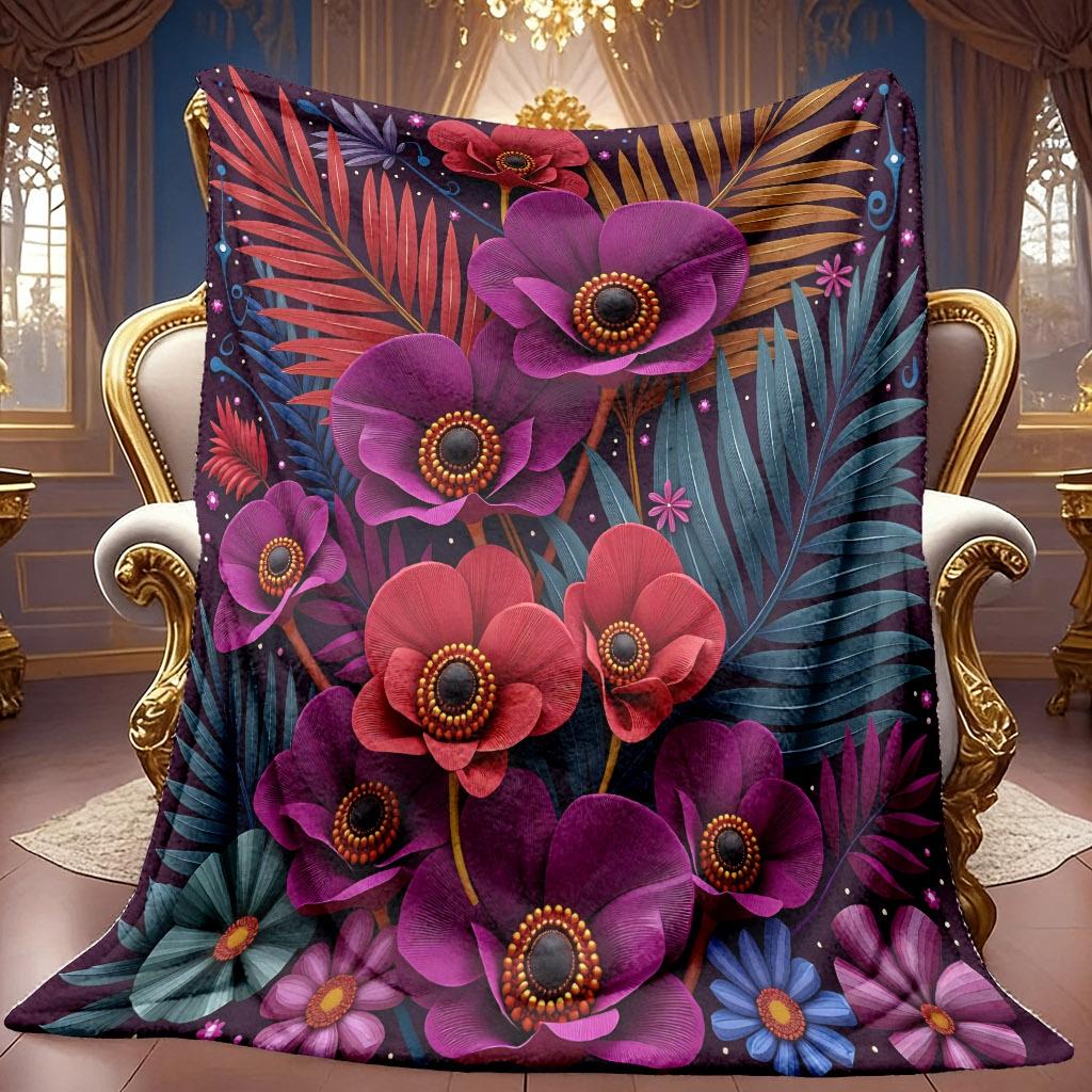 1pc 2D Vibrant Floral And Tropical Leaf Pattern Flannel Blanket, Soft HD Digital Print Cooling Blanket All-Season Use! Soft Breathable 100% Polyester