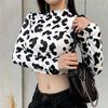 2023 New Cow Pattern Print Stretchy Crop Tops Women Long Sleeve Turtleneck Skinny High Street Casual Fashion Graphic Tees Shirts