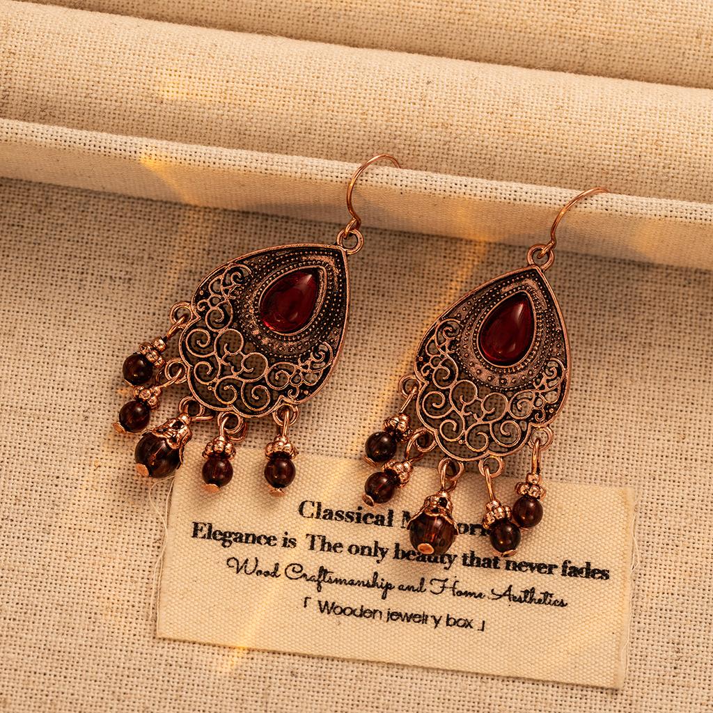 Boucles d'oreilles bohèmes rétro rouges à pampilles motif goutte d'eau, bijoux d'oreille tempérament haut de gamme vintage