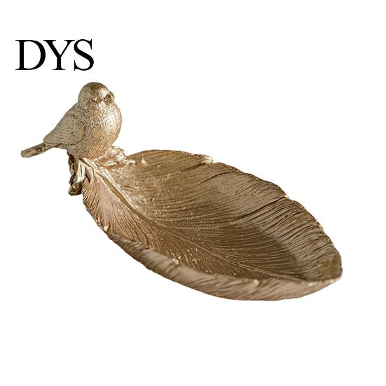 Unique Bird Feather Ornament Elegant Leaf Shaped Trinket Dish, Resin Jewelry Tray, Vintage Gold Ring Craft Holder for Nightstand Dresser, Small