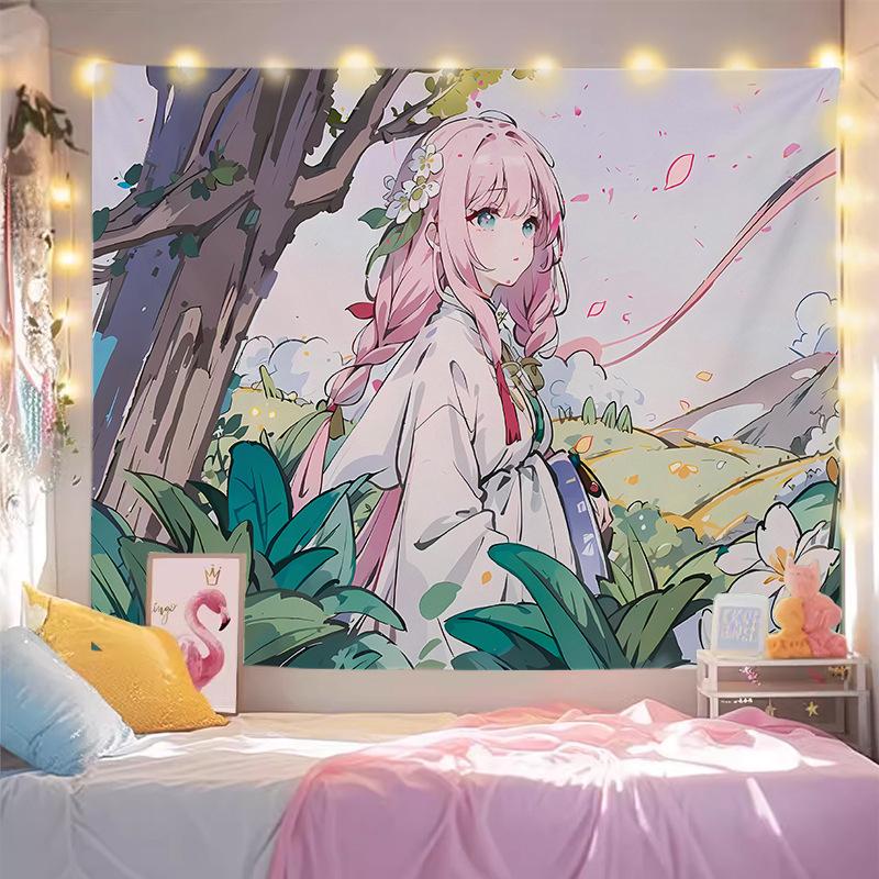 Pink Hair Anime Girl Tapestry Wall Hanging Floral Bouquet Soft Pastel Romantic Aesthetic Wall Art Bedroom Dorm Room Decor
