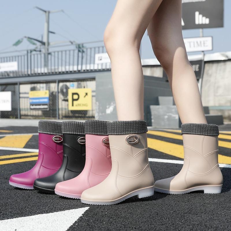 Short rain shoes women's trend water shoes medium rain boots men's fashion waterproof work shoes non-slip thick-soled rubber shoes flat bottom