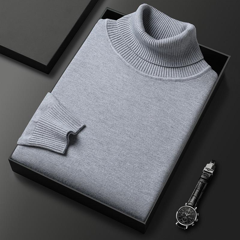 Men's High Neck Knit Sweater - Warm Solid Color Pullover for Middle-aged and Young Men