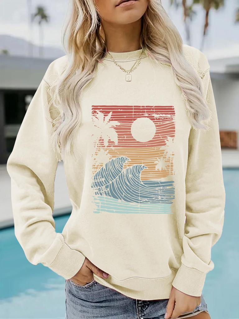 Sea View Print Women's Round Neck Long-Sleeve Hoodie