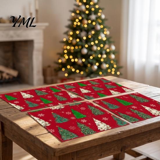 Holiday Party Supplies 4Pcs Christmas Linen Placemat Set, Cartoon Snowman Gingerbread Gnome Table Pattern Placemats Mat, Heat Resistant Place Mat for