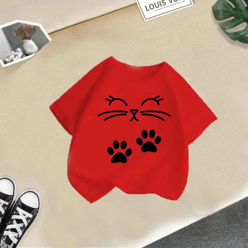 Summer Cute Cat Animal Print Round Neck Short Sleeved Tee Shirt for Boys and Girls Fashionable and Simple Children's T-shirt