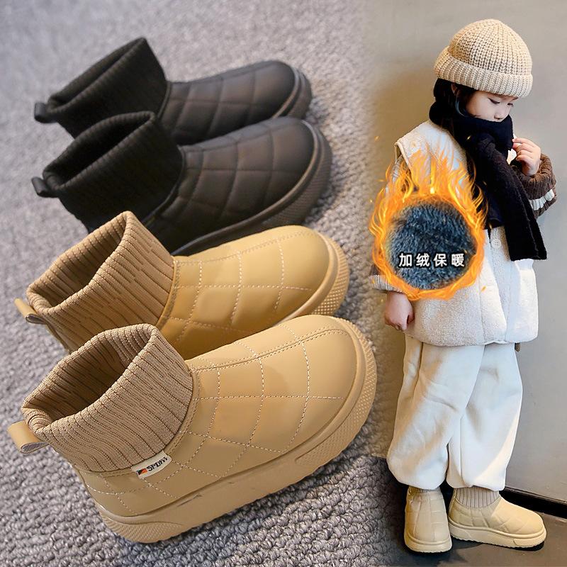 Girls snow boots 2025 winter new fashion boys velvet short boots thermal two cotton shoes children's socks boots tide