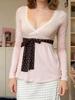 French Sweet Lace Polka Dot Tie-Up A-Line Top - Girlish Slim Fit Long Sleeve Design