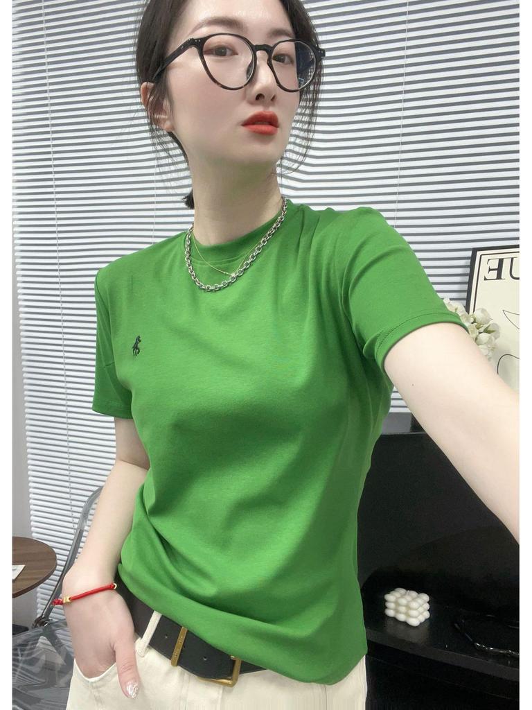 Women's Spring 2025 Embroidered Round Neck Slim Short Sleeve Top