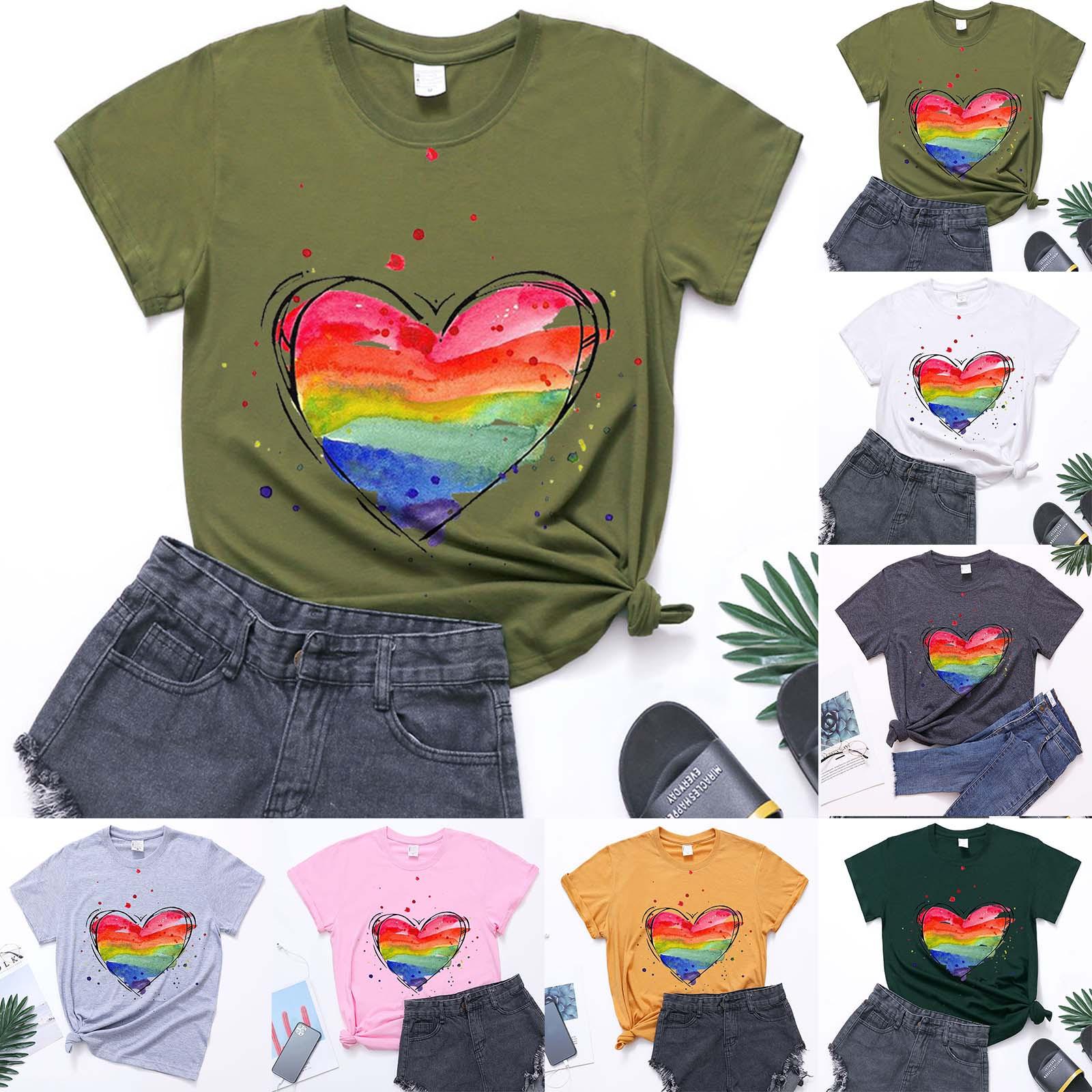 

Женская милая летняя свободная рубашка с короткими рукавами и круглым вырезом в стиле ретро на День Святого Валентина, с короткими рукавами и круглым вырезом спереди