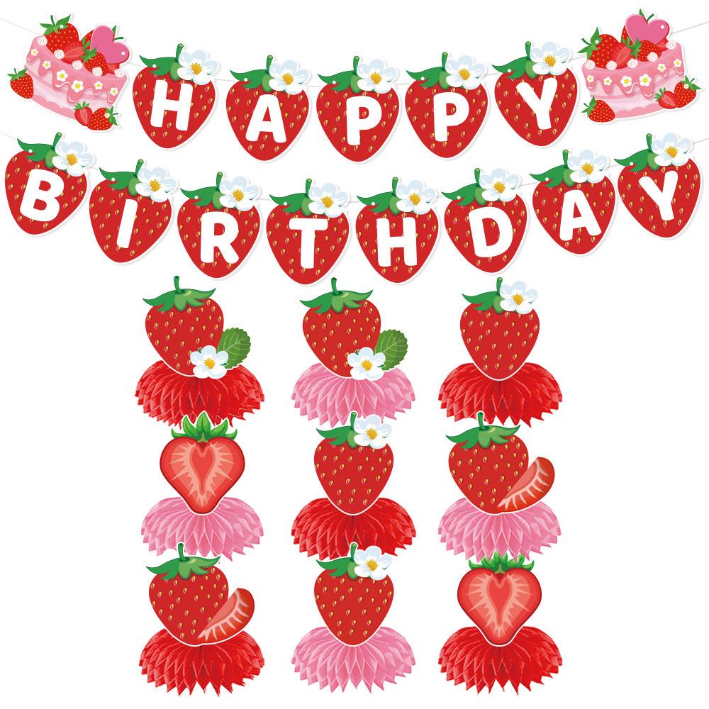 Holiday Birthday Party Cake Topper & Décor Set with Strawberry, Banner, Flowers, and Spiral Pendants