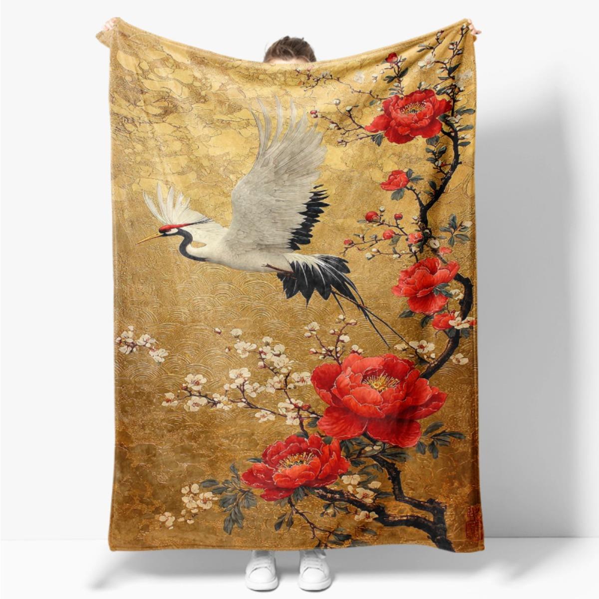 

Red peony and crested crane patterns Flannel printed blanket suitable for all seasons suitable for living office sofa and travel 75x100cm (30x40inch)