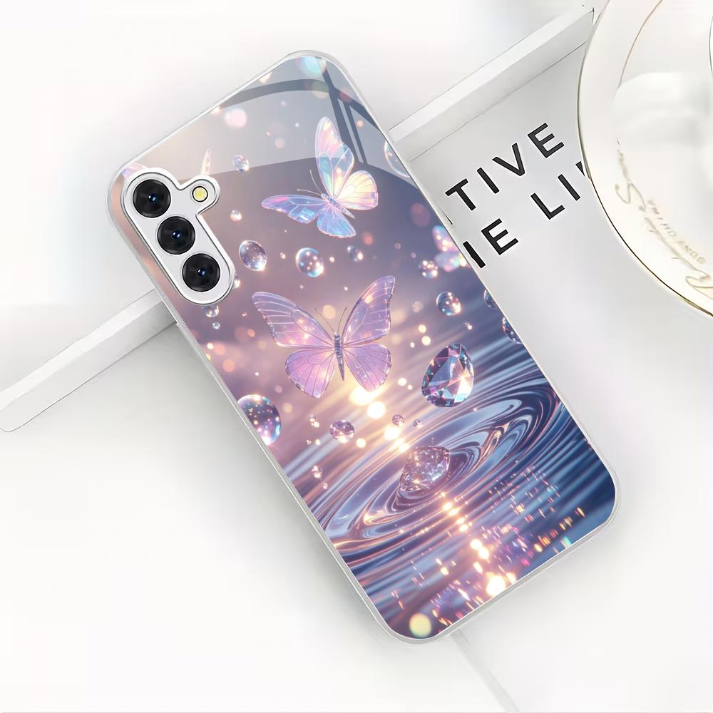 Fioletowy motyl posrebrzane szklane etui na telefon odpowiednie do Samsung Galaxy S26 S25 S24 S23 S22 S21 S20 FE/Ultra/Plus odporne na upadki