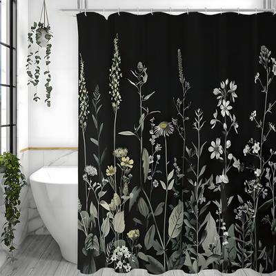 Flower Plant Black Background Shower Curtain, Bathroom Decorative Shower Curtain, Waterproof Shower Curtain with Hooks