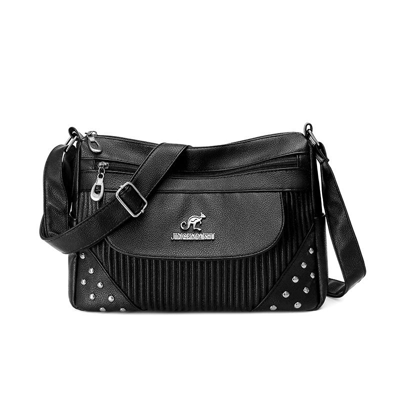 

Fashion Soft Solid Color PU Shoulder Bags Hot Sale Casual Sewing Thread Square Bag Rivets Multi-pocket Women s Crossbody Bags чёрный
