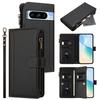 For Google Pixel 8 Pro Leather Case 9 Card Slots Zipper Wallet Stand Phone Cover with Wrist Strap