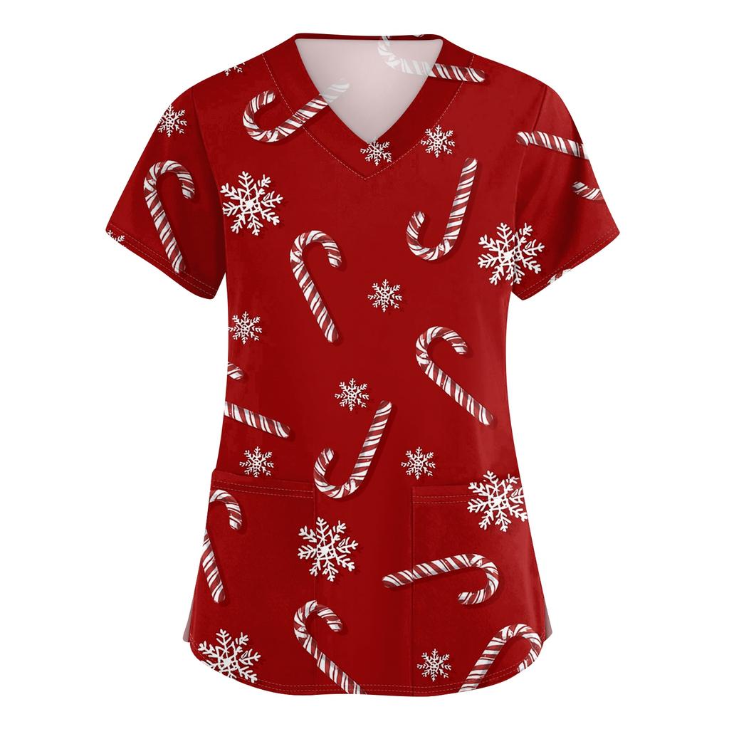 Women's V-neck Christmas printed short-sleeved pocket side-slit protective suit top
