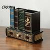 British Style Desk Accessory Wooden Book-Shaped Pen Holder, Retro Organizer with Drawer, Multi Compartment Holder Creative Storage Container for Pens