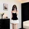 Sweet Girly Black and White Color Blocked Pleated Mini Dress with Heart Neckline  Ladies' Spaghetti Strap Ruffle Waist Fitting Party Club Short Dress