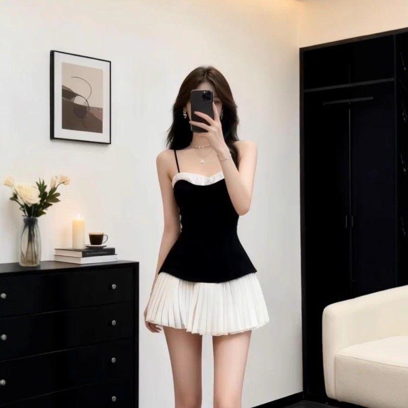 Sweet Girly Black and White Color Blocked Pleated Mini Dress with Heart Neckline  Ladies' Spaghetti Strap Ruffle Waist Fitting Party Club Short Dress
