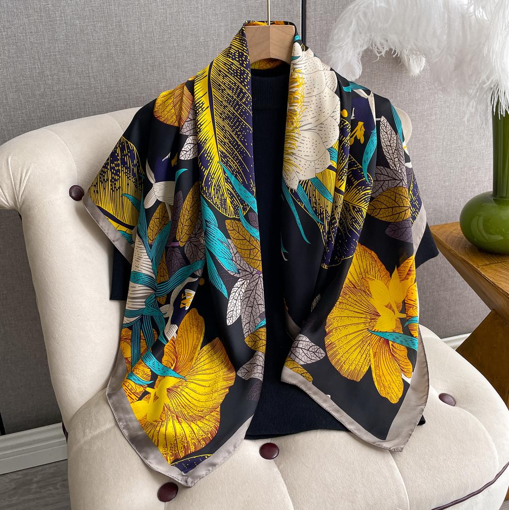 Luxury Silk Scarf For Women Hijab Bandana Fashion 90*90Cm Square Scarves Handkerchief Design Shawl Wraps Echarpe Foulard