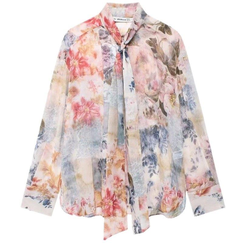 

Модный стиль 2024 Осень и Зима Новая женская одежда Декорация бантом Цветочный принт Длинные рукава Рубашка с лацканами 9028220 Picture color XS