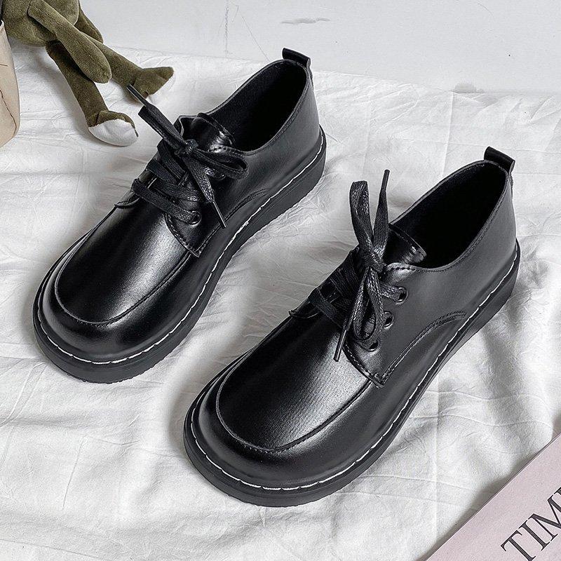 Módní Jarní a Podzimní Dámské Univerzální Malé Kožené Černé Šněrovací Kožené Boty Prošívané Kulaté Špičky Ploché Ležérní Boty pro Ženy