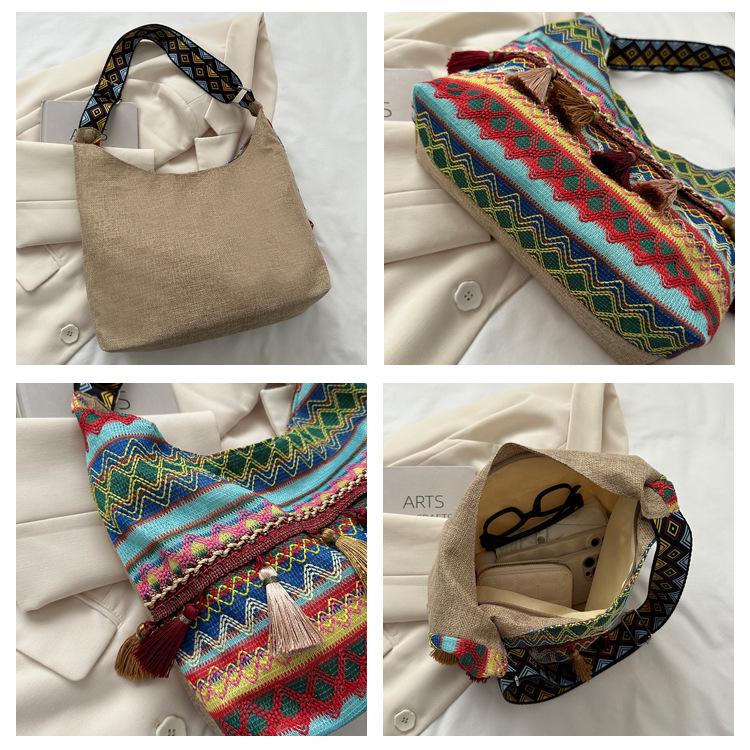 2025 Fashion Ethnic Tassel Canvas Shoulder Crossbody Tote - Large Capacity