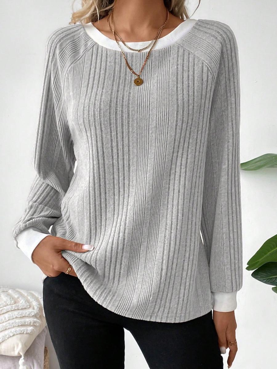 Autumn Winter New Long Sleeve Solid Ribbed Stitch Crewneck Sweater L