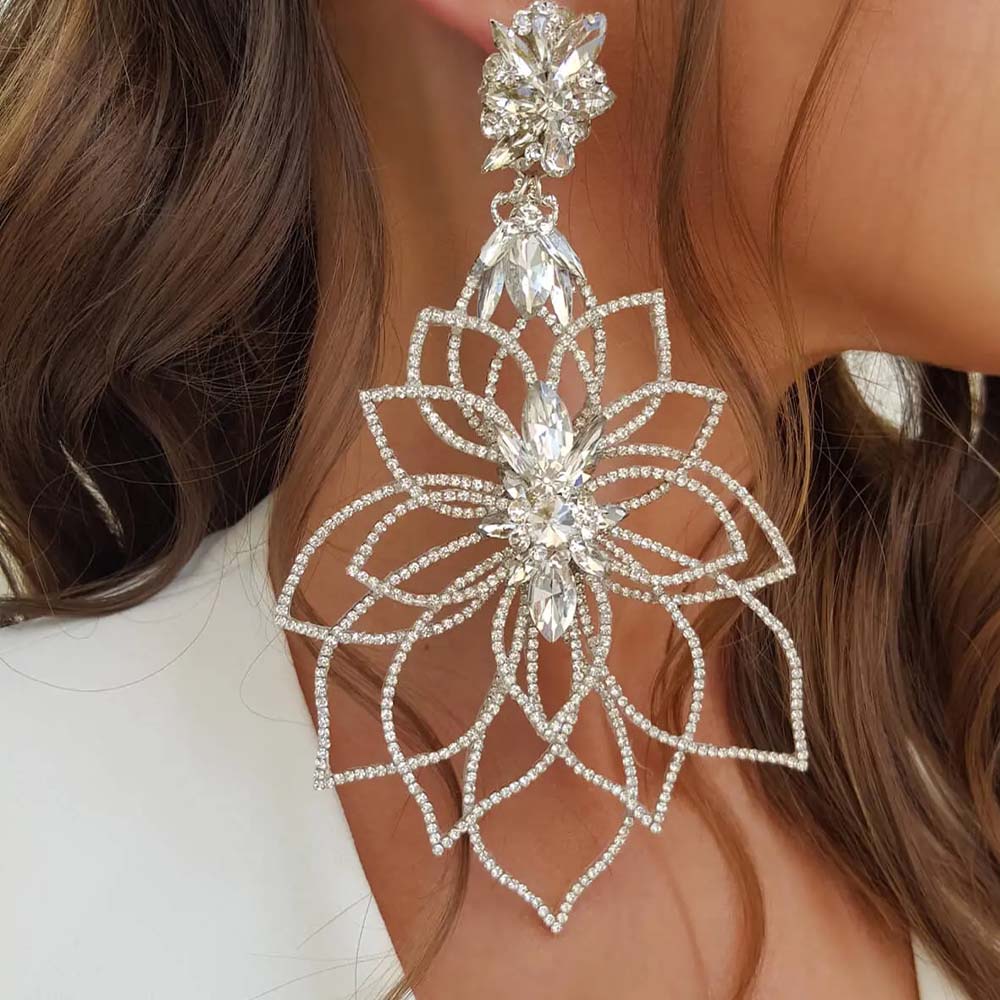 Stonefans New Hollow Exaggerate Flower Earrings Prom Wedding Decoration Fashion Women Rhinestone Dangle Earrings Accessories Silver
