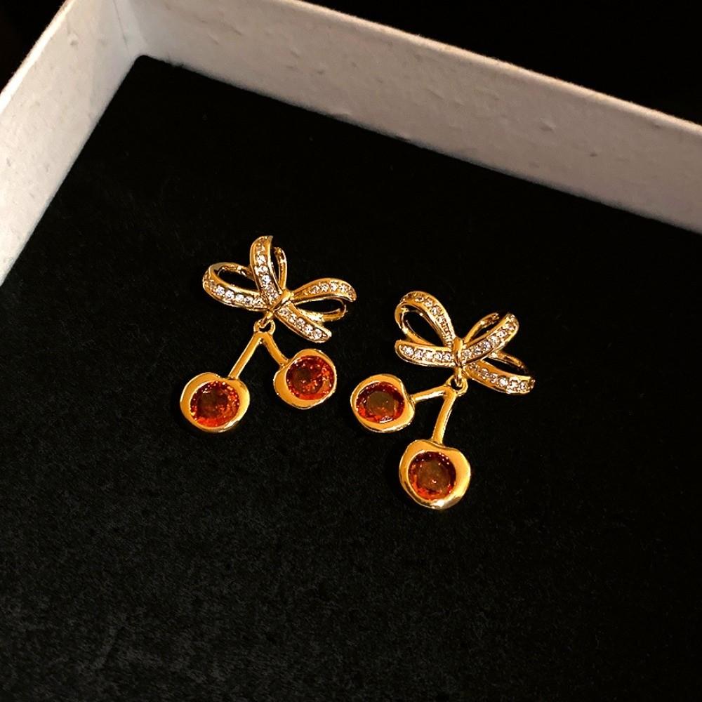 Zircon Bow Cherry Earrings Copper Retro Fruit Earrings High-end Bow Drop Earrings Women
