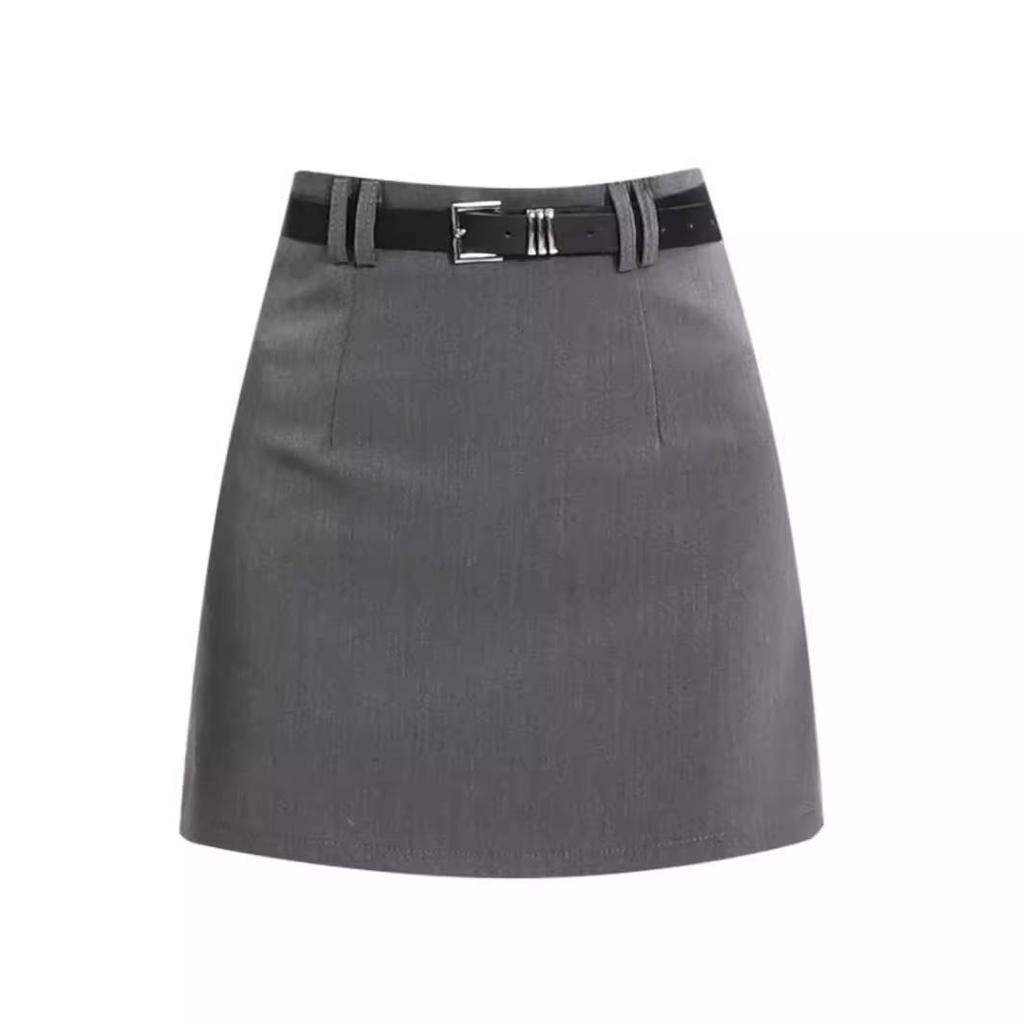 Women's Gray High-Waist A-Line Skirt - Slim Fit, Trendy Short Skirt for Spring and Autumn