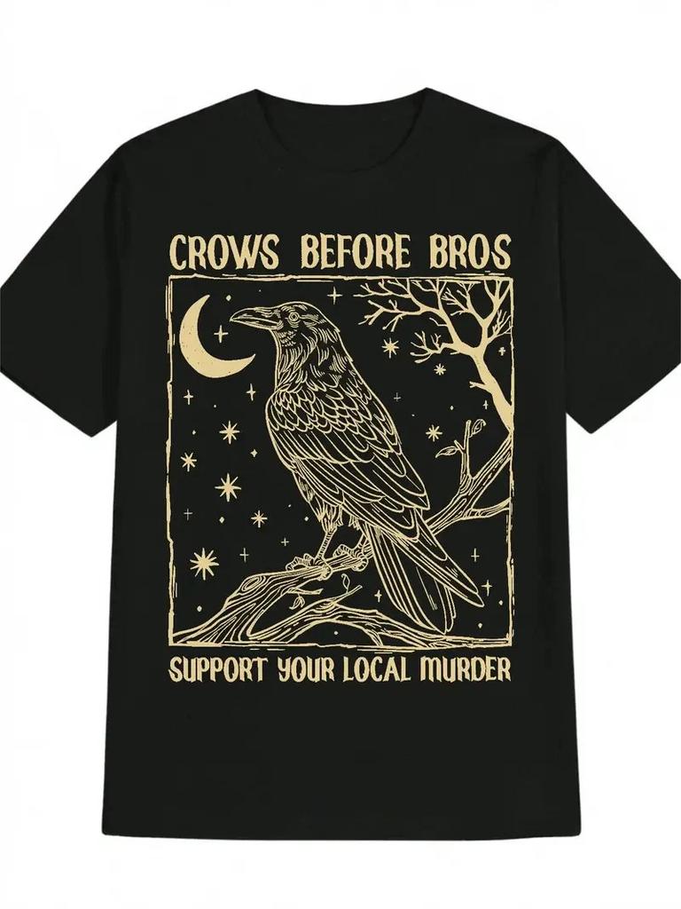 Herren Freizeit-Rundhals-T-Shirt mit „Crows Before Bros“ Grafikdruck – Schwarz Sh