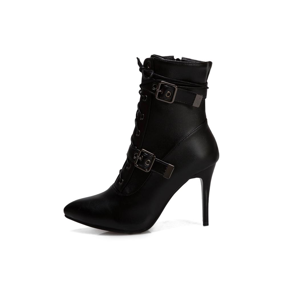Autumn Winter 2025 Mid-Calf Boots Women Pointed Toe Super High and Thin Heel Shoes Buckle Cross-Tied Decorate Size 3~19 Footwear