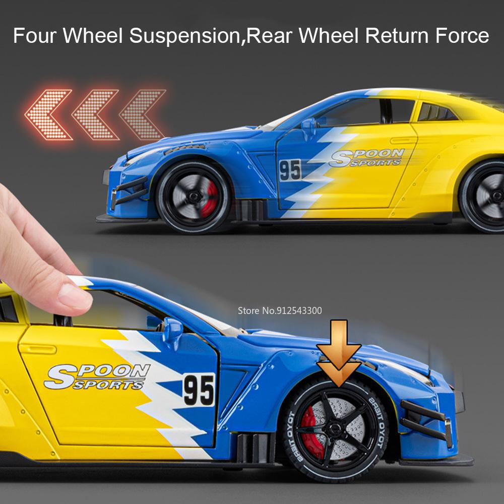1:24 Scale GTR Racing Car R34 Model Toy Alloy Die-cast Doors Opened Pull Back Sports Cars Models Sound Light Gifts for Chid