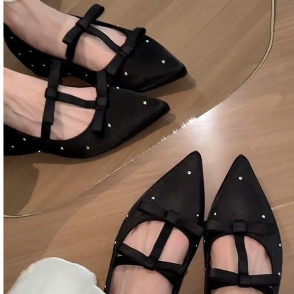 Korean version of celebrity style polka dot bow soft sole not tired feet single shoes spring and summer satin high-end Mary Jane shoes
