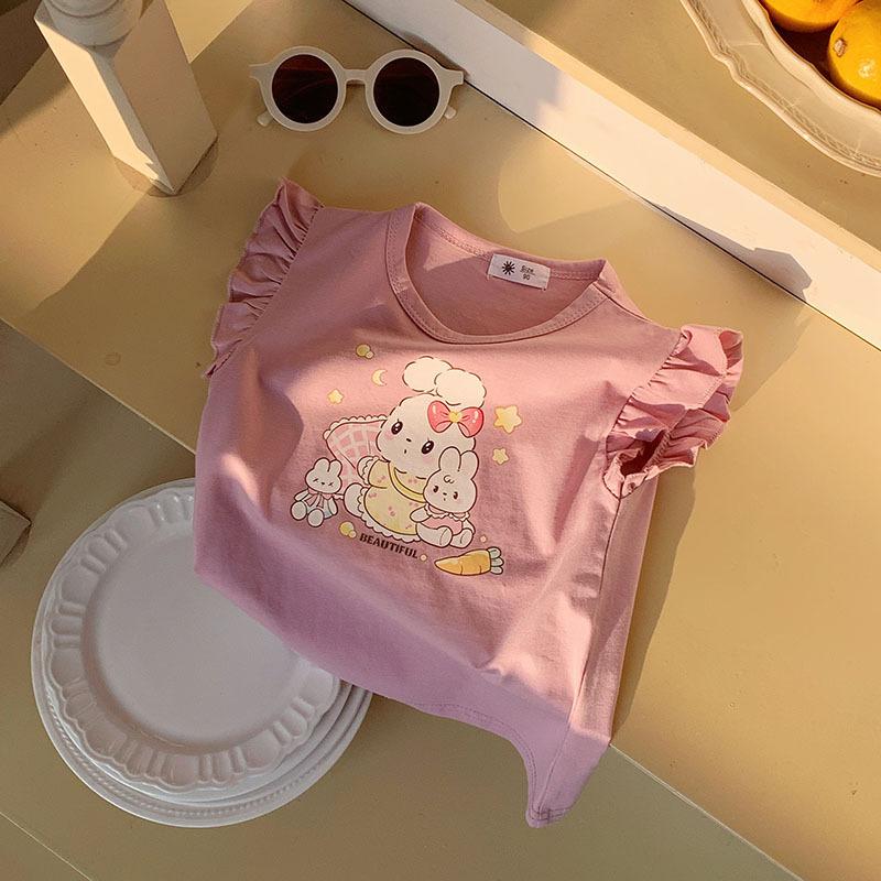 Summer New Kids Ruffle Sleeve Short Sleeve T Shirt Boys Girls Cartoon Print Casual Top Baby Fashionable Trendy