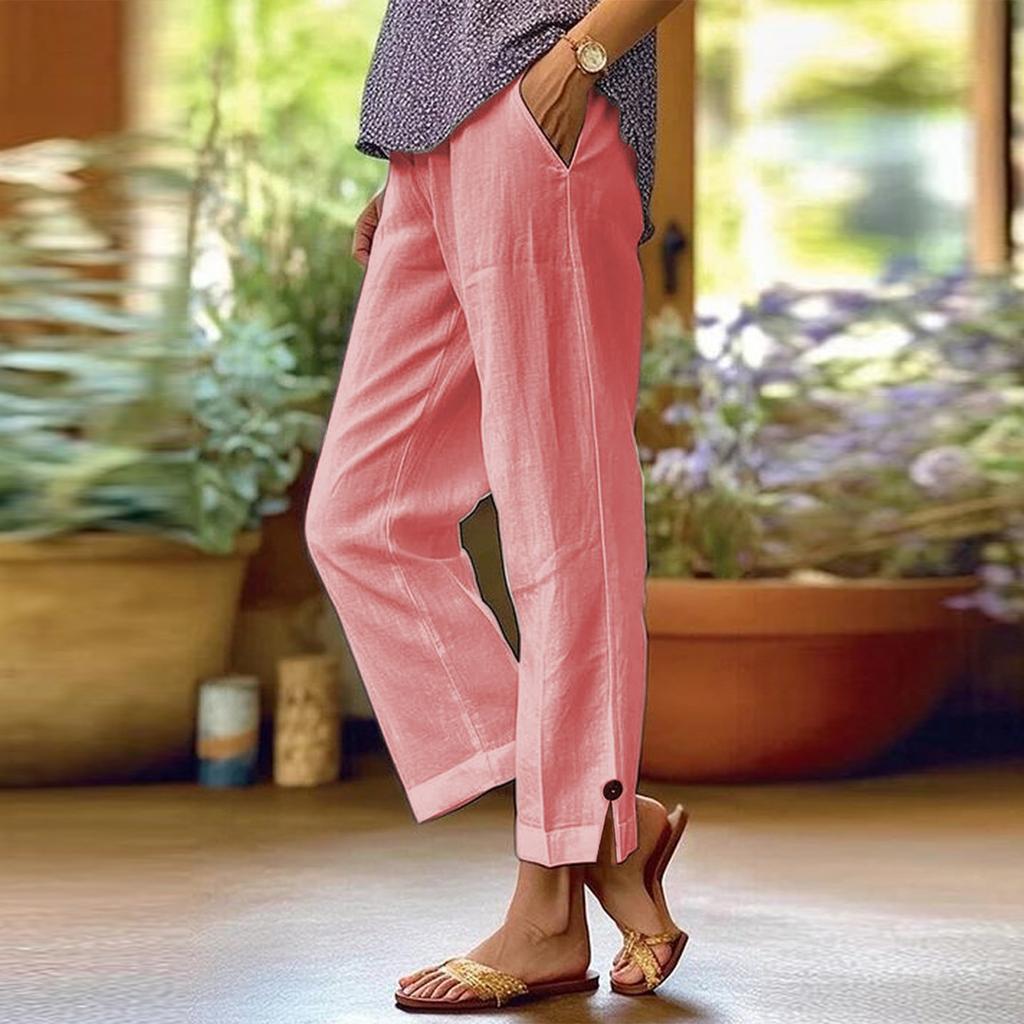 Women's Fashion Solid Color Loose Solid Color Elastic Waist Pocket Straight Leg Casual Cropped Pants
