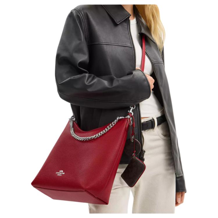 Coach 36 Mirror Pendant Silver Accessory Shiny Soft Pebble Leather Shoulder Tote Bag Large Women Handbags Red CBI93-SVY3