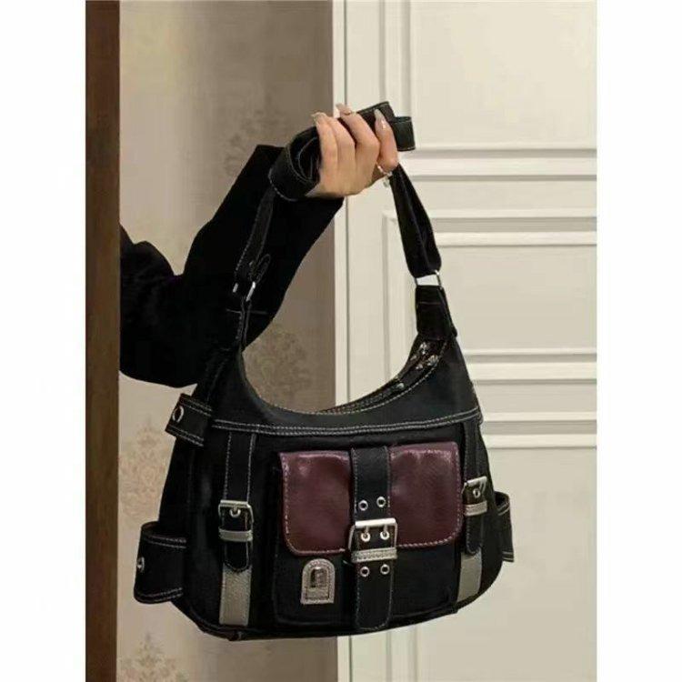 2025 Retro Vintage Y2K Soft Leather Motorcycle Shoulder Crossbody Bag for Women - New Color Block Trend
