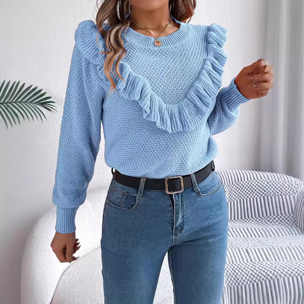 HNXC Elegant Solid Color Ruffled Long-sleeved Pullover Sweater for Women's Autumn and Winter