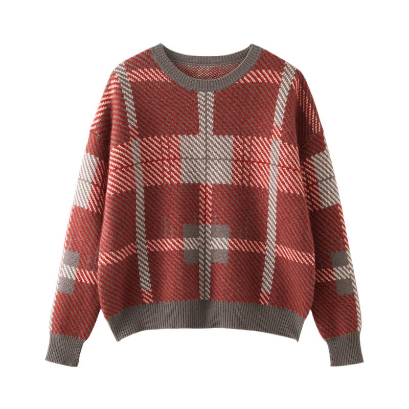 Women's Korean-Style Retro Plaid Knit Cashmere Sweater - Loose Fit, Thick Long Sleeve Pullover