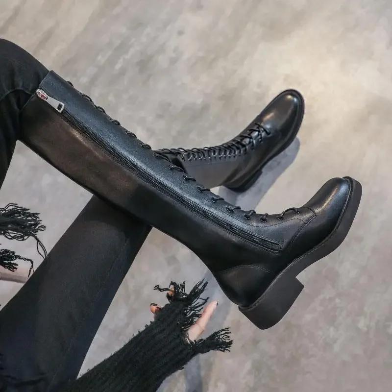 Fashion Lace-up Winter 2024 With Laces Women's Long Boots Black Ladies Knee High Shaft Shoes Designer Luxury Spring Autumn Demi-season