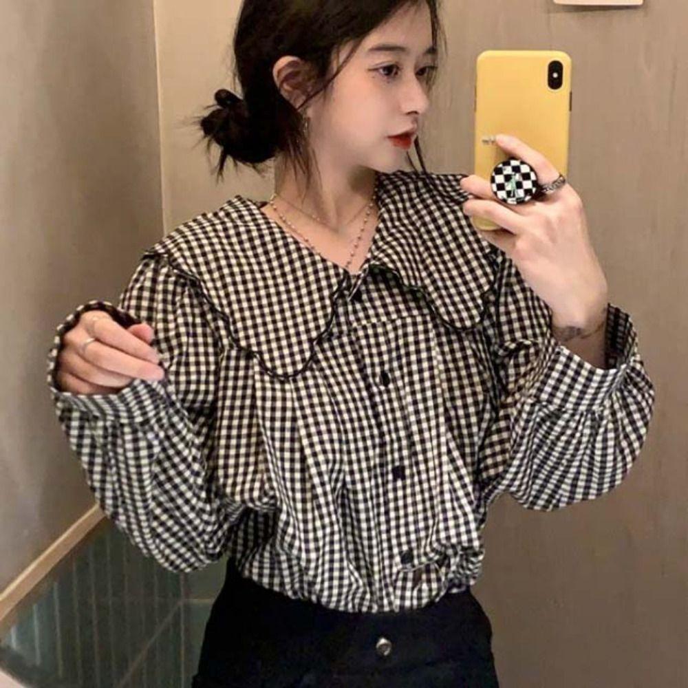 

Cardigan Long Sleeve Blouse Ruffle Stripe Blouse Women All-match Grid Shirts Tops Women S чорний білий колір