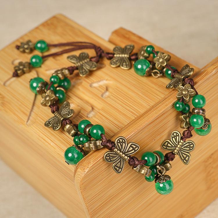 Hand-woven agate bracelet women's vintage bohemian butterfly flower fringed pendant anklet